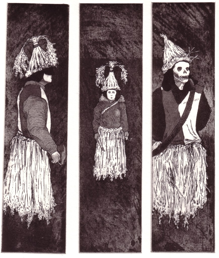 Dreoilín tryptich, copperplate etching, plate size 19.5 x 5cm (x3), image