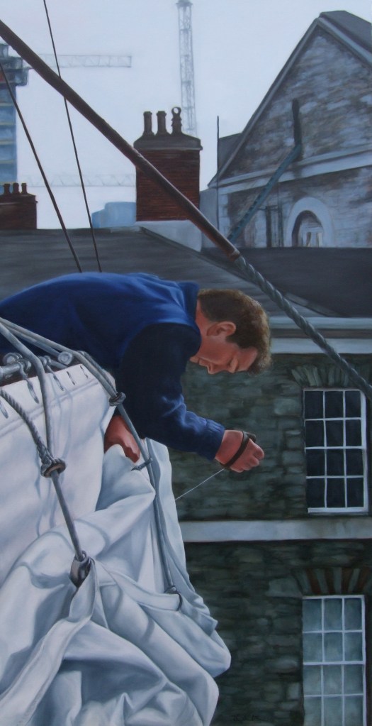 Mending the course, Asgard II, custom house quay, oil on canvas, 152 x77cm, image