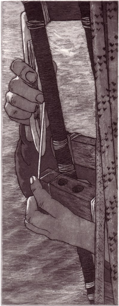 Mending the Rigging, copperplate etching,image
